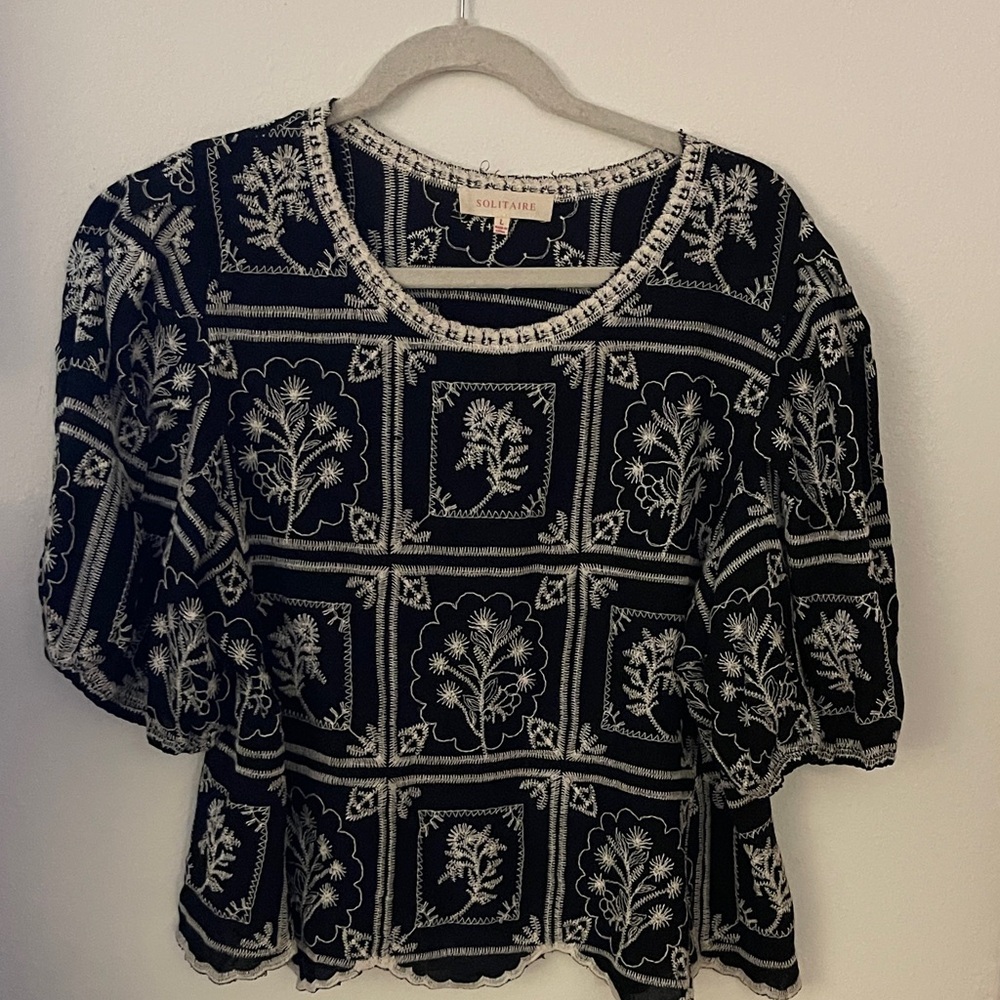 Cotton embroidered Black & White Floral Block-Print Blouse